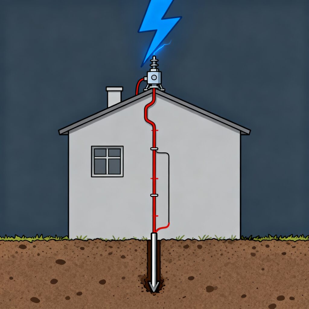 Diagram showing how a lightning arrester on a roof diverts a strike to the ground.