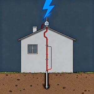 Diagram showing how a lightning arrester on a roof diverts a strike to the ground.