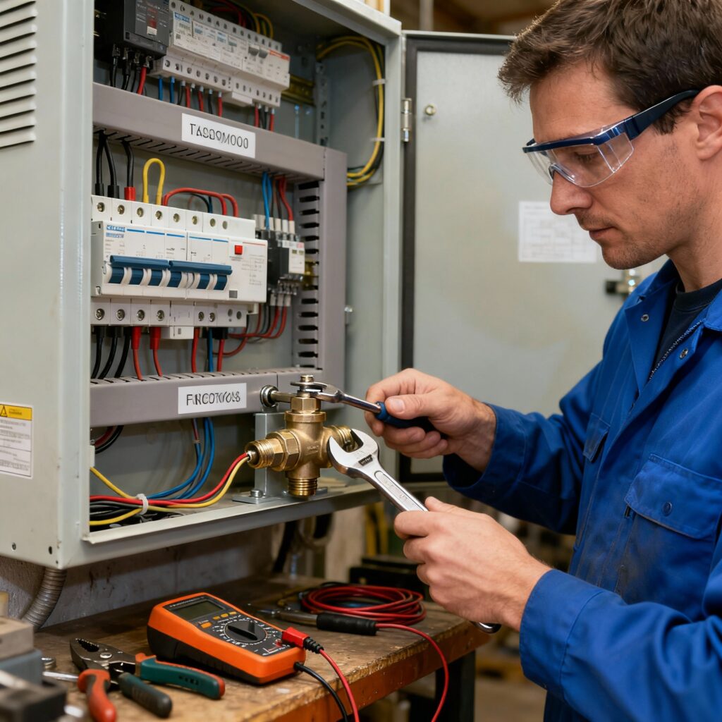 A qualified electrician installing a valve-type lightning arrester inside an electrical panel.